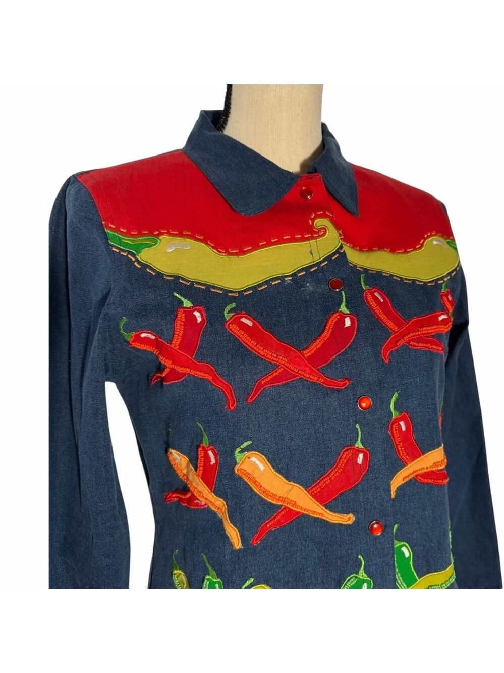 Michael Simon Top Vintage Beaded Chili Peppers Denim Whimsy Shirt Wearable Art - Picture 2 of 14